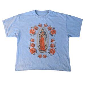 Blue XL y2k Vintage Virgin Mary red Rose Graphic Tee